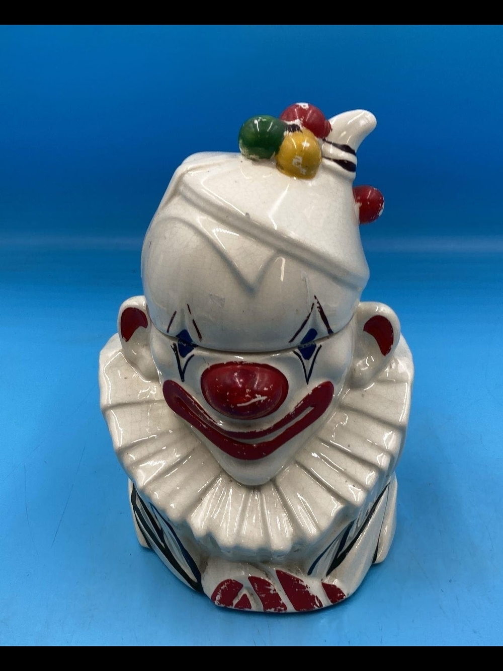 Mccoy White Clown Cookie Jar with Red, Yellow & Green Accents